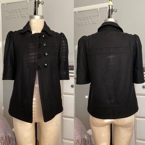 Womens 110% French Connection black wool jacket w/ 3/4 sleeves, size Small.